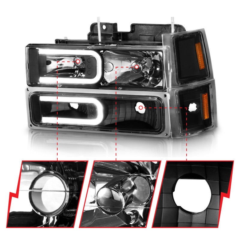 ANZO 111528 88-98 Chevrolet C1500 Crystal Headlights w/ Light Bar Black Housing w/ Signal Side Markers 8Pcs