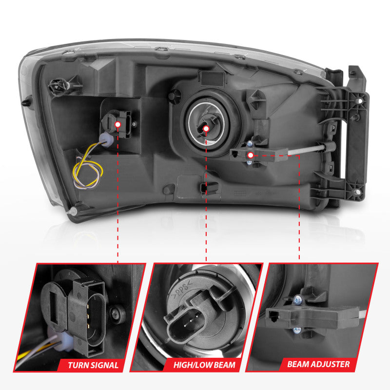 ANZO 111524 06-09 Dodge RAM 1500/2500/3500 Headlights Black Housing/Clear Lens (w/ Light Bars)