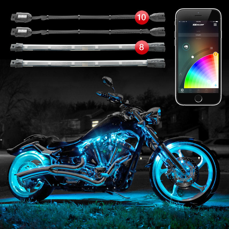 XKGLOW KS-Moto-Advance XK Glow Strip Million Color XKCHROME Smartphone App ATV/Motorcycle LED Light Kit 10XPod + 8X10In