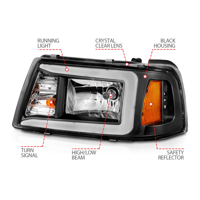 ANZO 111511 2001-2011 Ford Ranger Crystal Headlights w/ Light Bar Black Housing