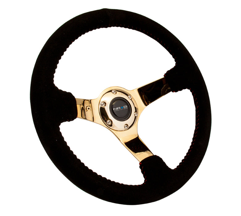 NRG RST-036GD-S Reinforced Steering Wheel (350mm / 3in. Deep) Blk Suede w/Red BBall Stitch & Chrome Gold 3-Spoke