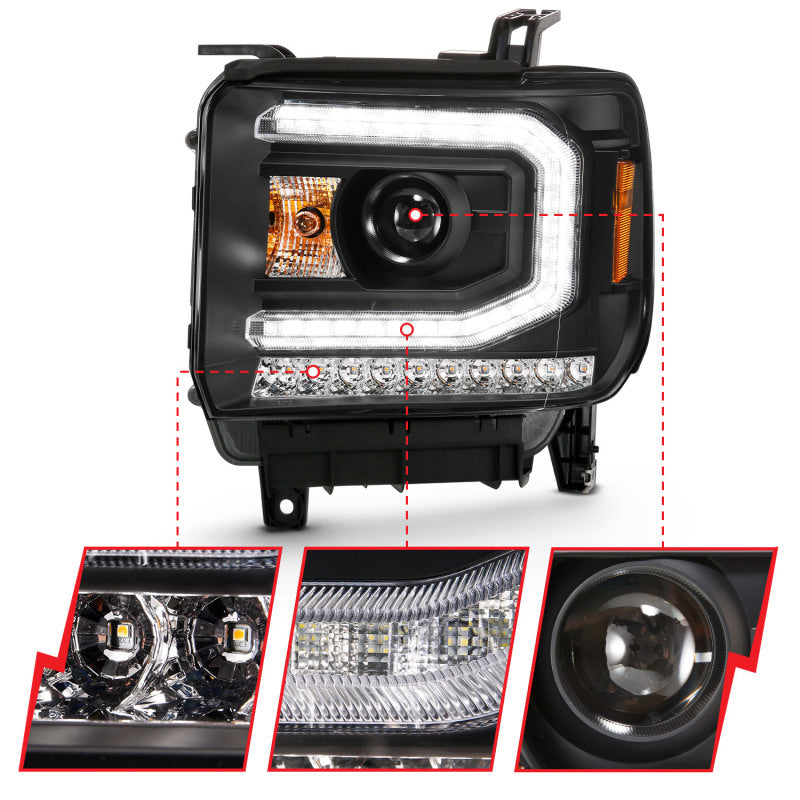 ANZO 111485 2016-2019 GMC Sierra 1500 Projector Headlight Plank Style Black w/ Sequential Amber Signal