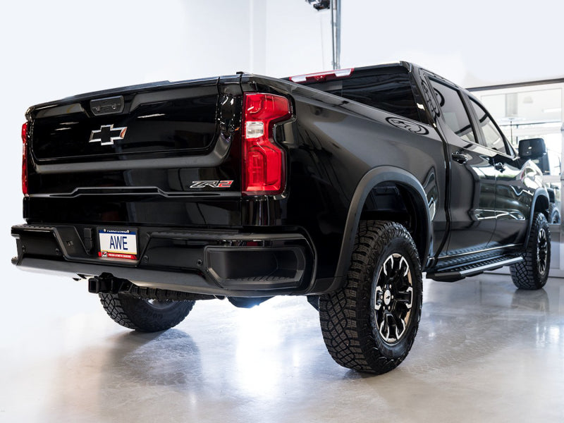 AWE Tuning 3015-31972 22-23 GMC Sierra 1500 AT4X 6.2L 0FG Catback Split Dual (Flat Bumper) - Bashguard(No Tips)