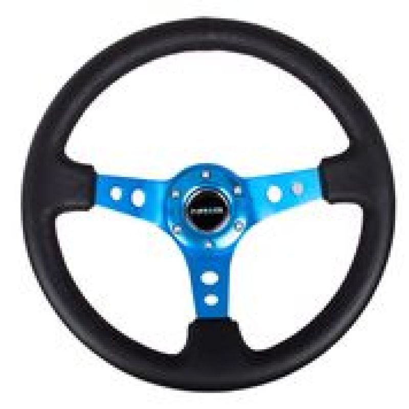 NRG RST-006BL Reinforced Steering Wheel (350mm / 3in. Deep) Blk Leather w/Blue Circle Cutout Spokes