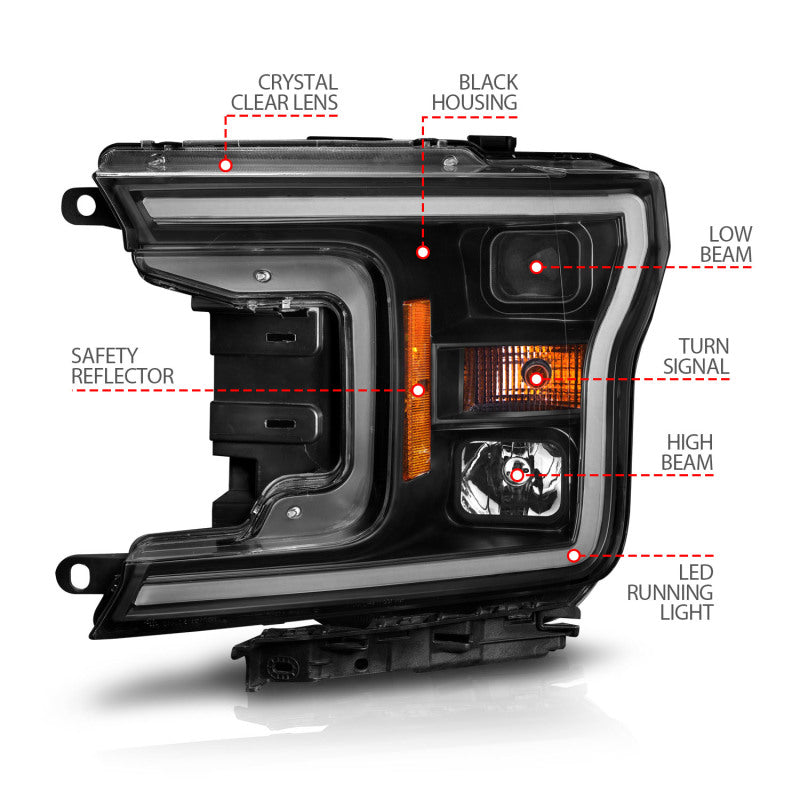 ANZO 111509 2018-2020 Ford F-150 Projector Headlight w/ Plank Style Switchback Black Housing