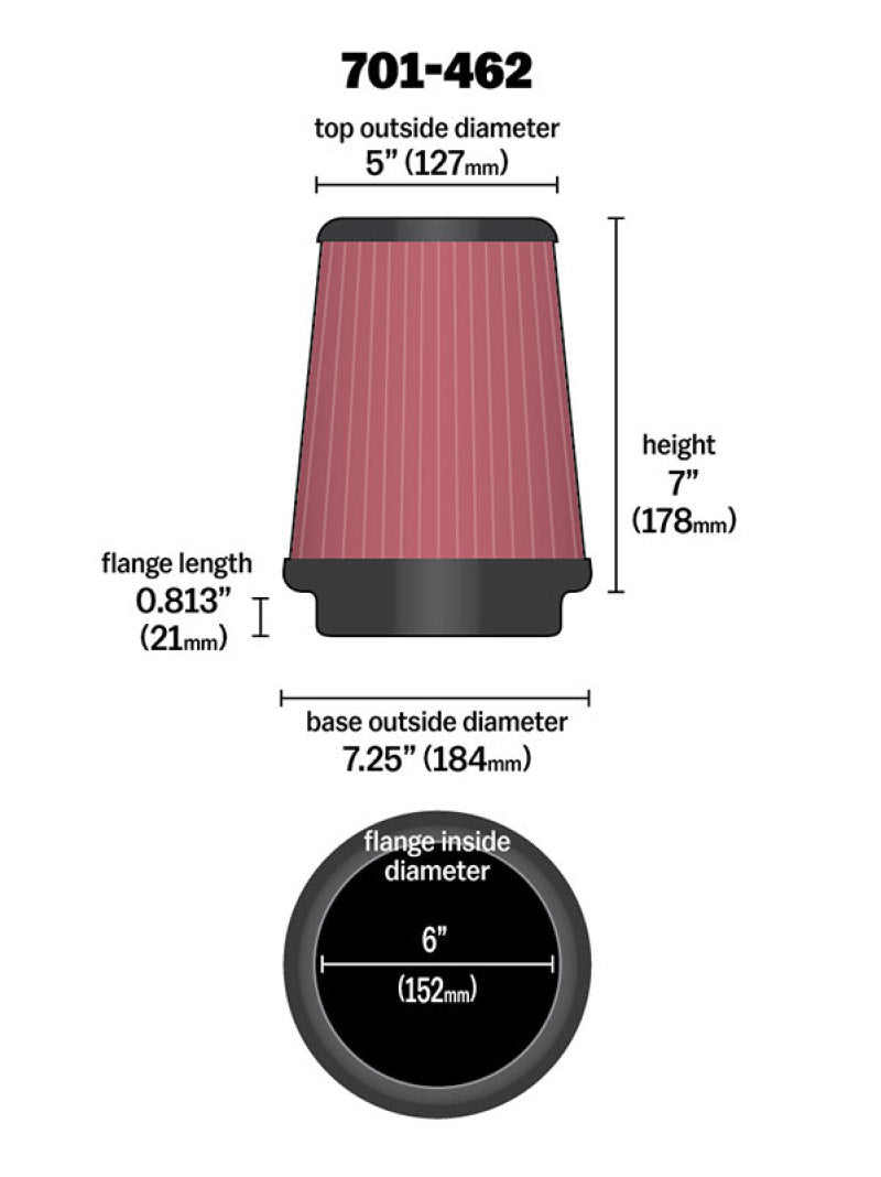 Airaid 701-462 Universal Air Filter - Cone 6 x 7-1/4 x 5 x 7