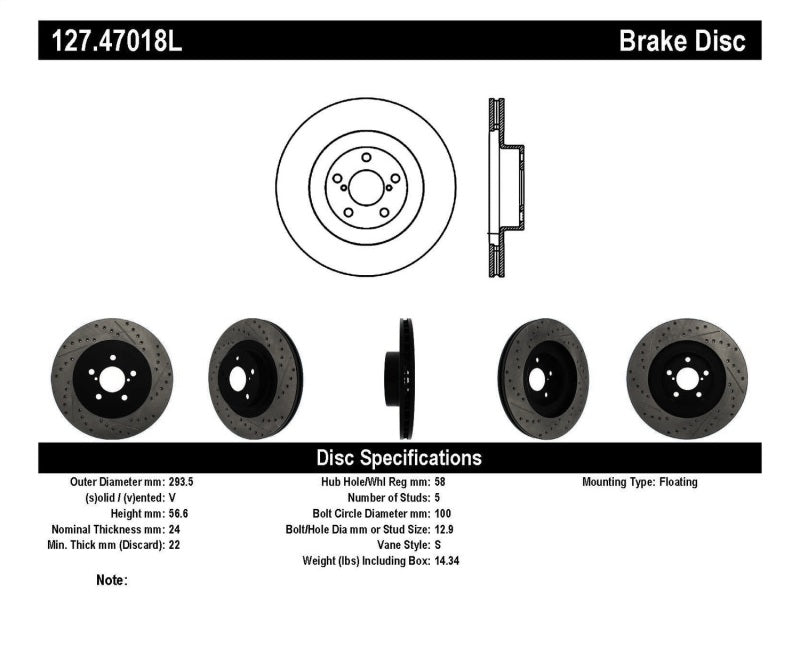 Stoptech 127.47018L StopTech 02-10 Subaru WRX Slotted & Drilled Left Front Rotor (exc. STi)