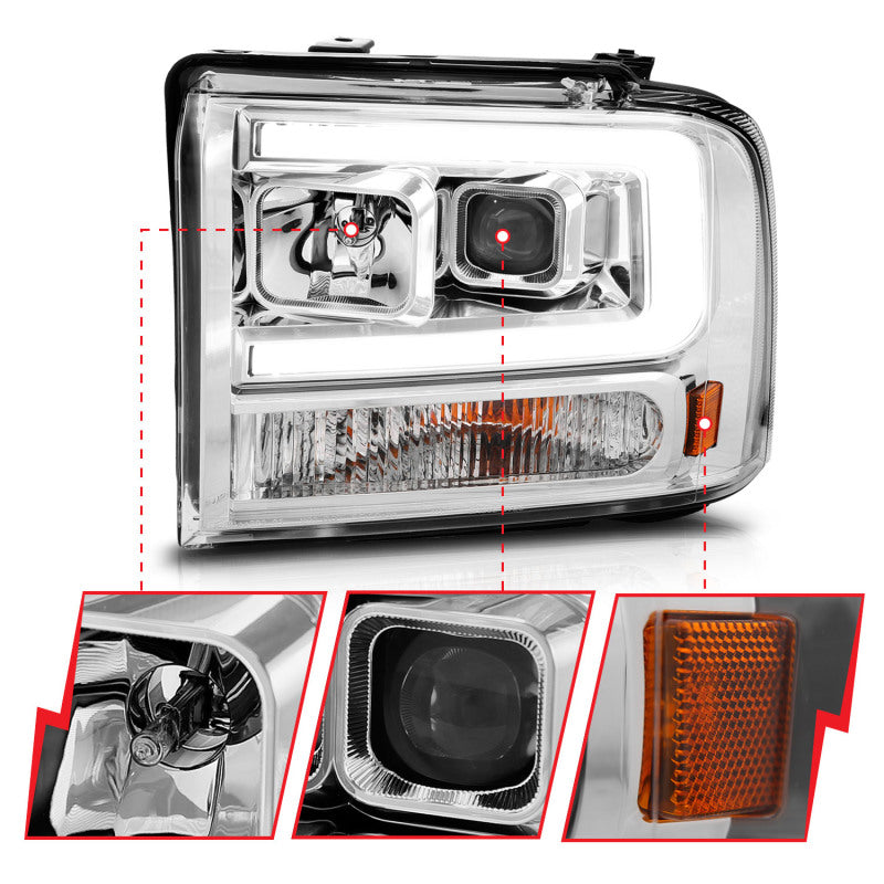 ANZO 111552 99-04 Ford F250/F350/F450/Excursion (excl 99) Projector Headlights - w/Light Bar Chrome Housing