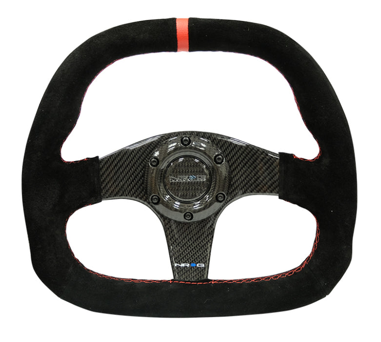 NRG ST-019CF Carbon Fiber Steering Wheel (320mm) Flat Btm. Blk Suede/Red Stitch w/CF Spokes & Red Center Mark