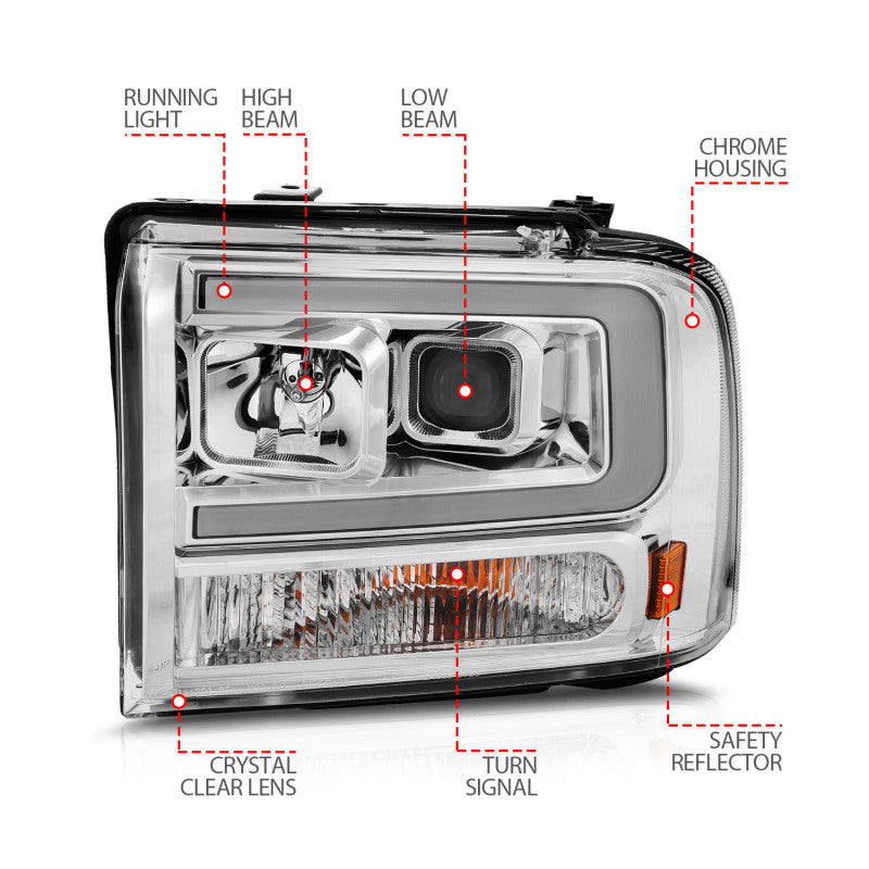 ANZO 111552 99-04 Ford F250/F350/F450/Excursion (excl 99) Projector Headlights - w/Light Bar Chrome Housing