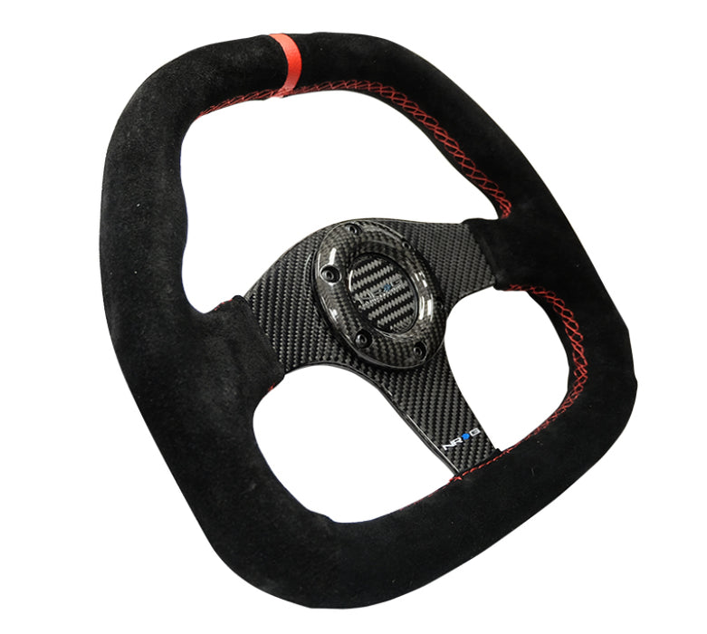 NRG ST-019CF Carbon Fiber Steering Wheel (320mm) Flat Btm. Blk Suede/Red Stitch w/CF Spokes & Red Center Mark