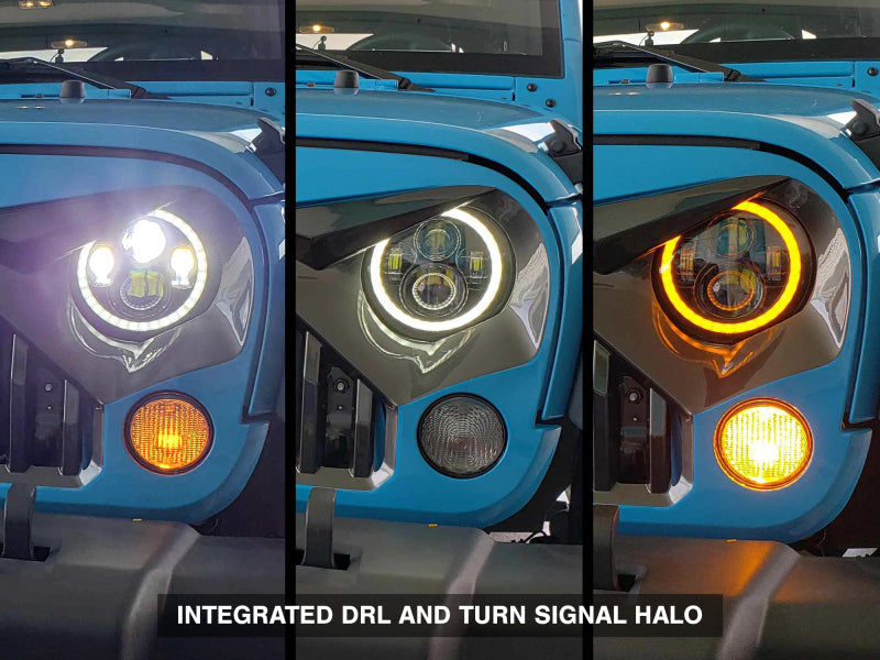 Raxiom 97-18 Jeep Wrangler TJ/JK Axial Halo Headlights w/ DRL Amber Signals- Blk Hsng (Clear Lens)