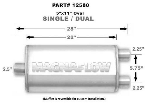 MagnaFlow Exhaust Products Stainless Muffler Single 2.5in In Dual 2.25in Out