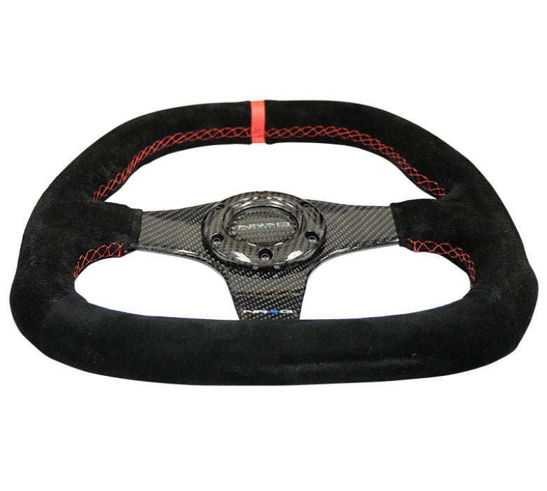 NRG ST-019CF Carbon Fiber Steering Wheel (320mm) Flat Btm. Blk Suede/Red Stitch w/CF Spokes & Red Center Mark